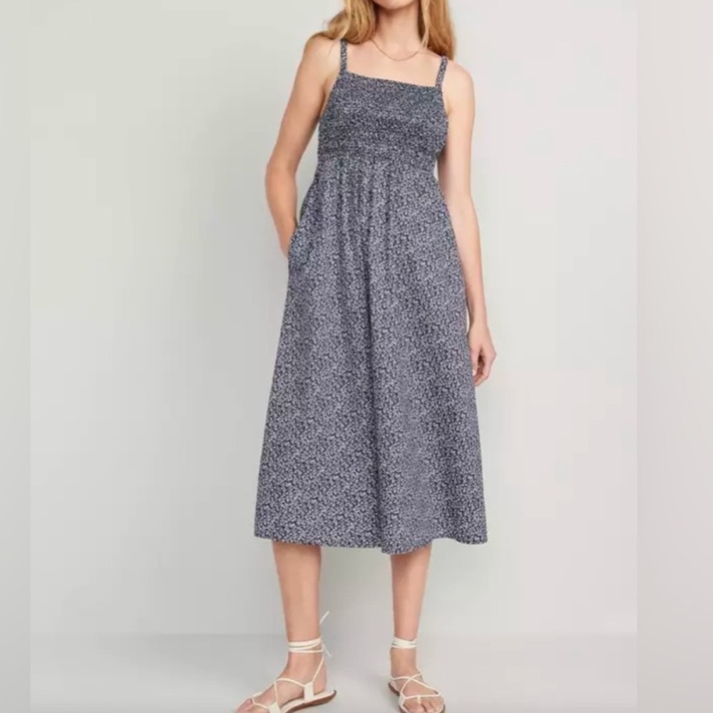 Old Navy Fit & Flare Cotton-Poplin Smocked Cutout Cami Midi Dress for Women XSP